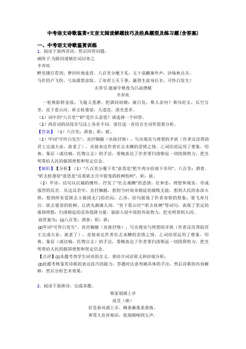 中考语文诗歌鉴赏+文言文阅读解题技巧及经典题型及练习题(含答案)