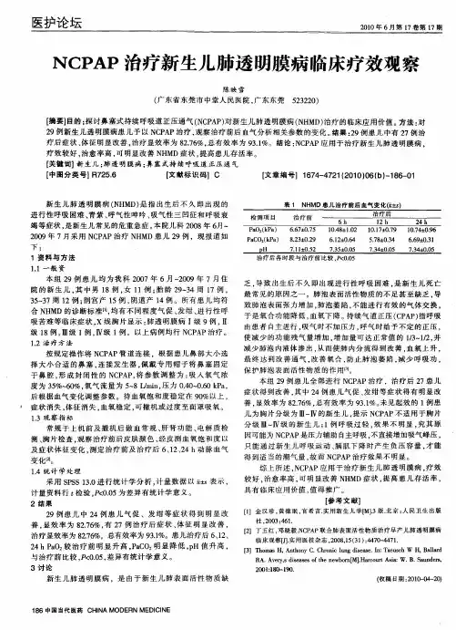 NCPAP治疗新生儿肺透明膜病临床疗效观察