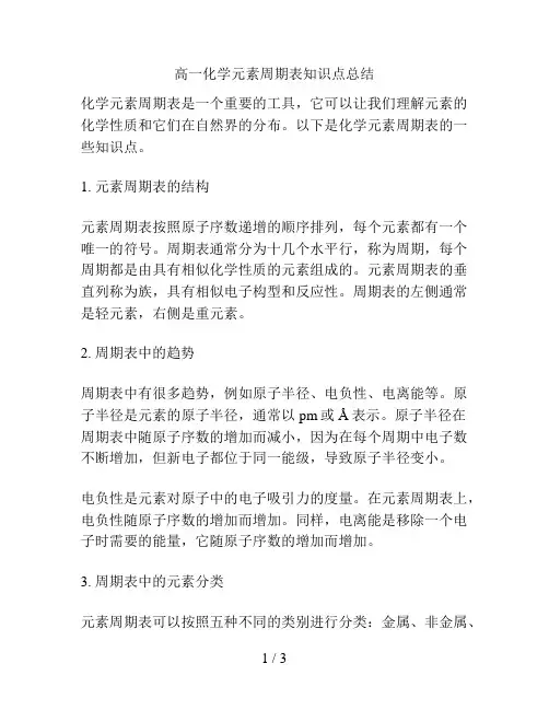 高一化学元素周期表知识点总结
