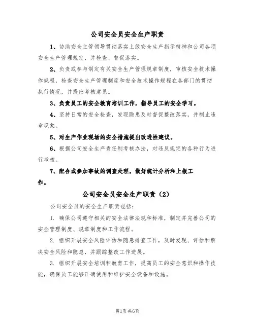 公司安全员安全生产职责（5篇）