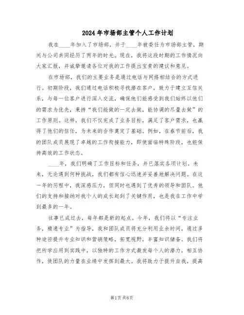 2024年市场部主管个人工作计划（3篇）