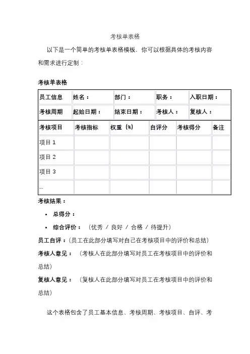 考核单表格