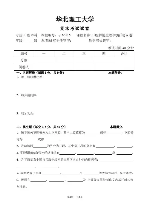 华北理工口腔解剖生理学期末试题(二)及答案