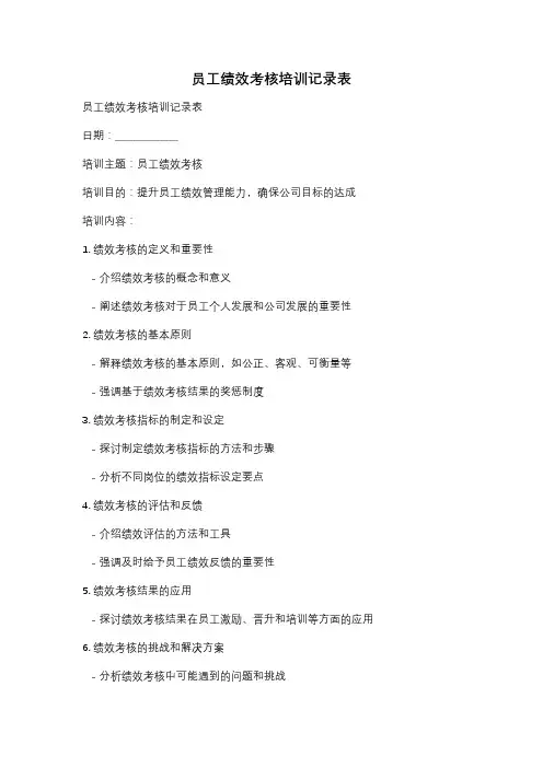 员工绩效考核培训记录表