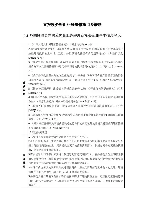 直接投资外汇业务操作指引及表格