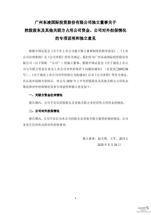 东凌国际：独立董事关于控股股东及其他关联方占用公司资金、公司对外担保情况的专项说明和独立意见