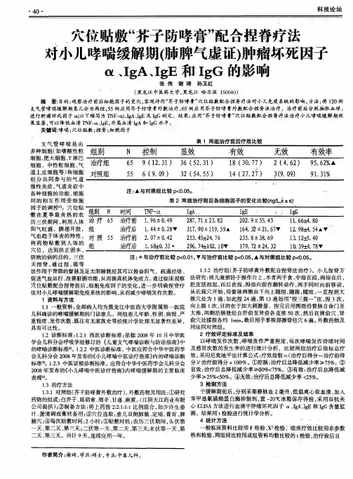 穴位贴敷“芥子防哮膏”配合捏脊疗法对小儿哮喘缓解期(肺脾气虚证)肿瘤坏死因子a.IgA、IgE和IgG的影响