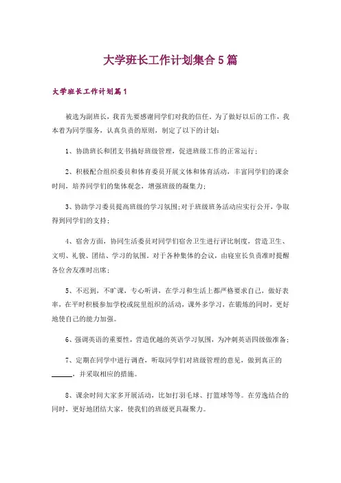 大学班长工作计划集合5篇