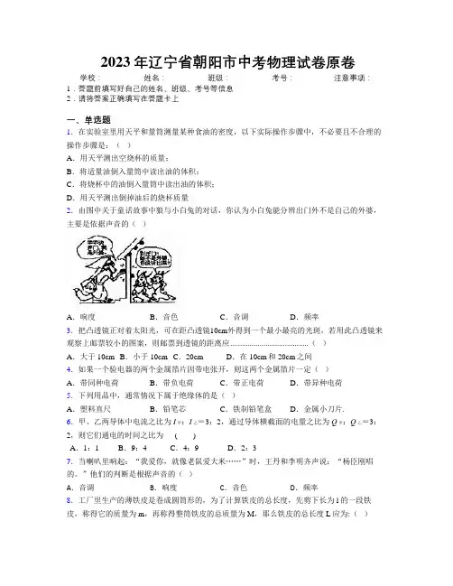 2023年辽宁省朝阳市中考物理试卷原卷附解析