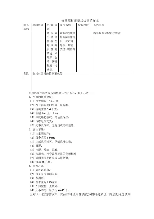 食品原料质量规格书的样本