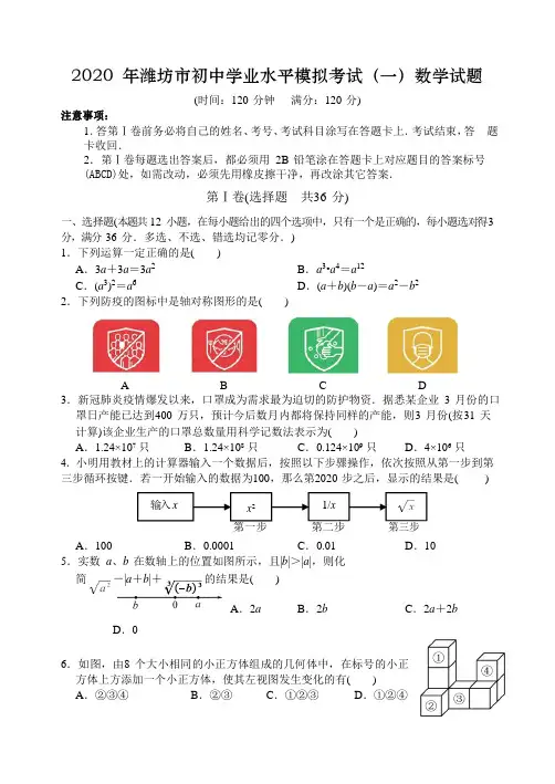 2020年山东潍坊市初中学业水平模拟考试数学试题(一)