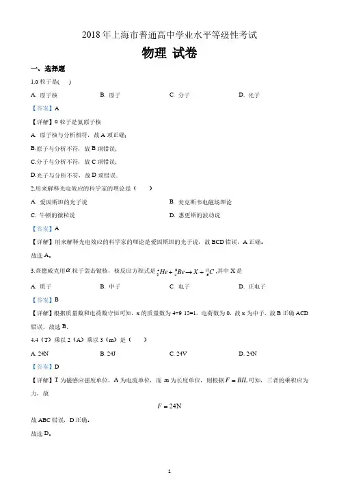 2018年上海市普通高中学业水平等级性考试(高考)物理试卷(含答案)