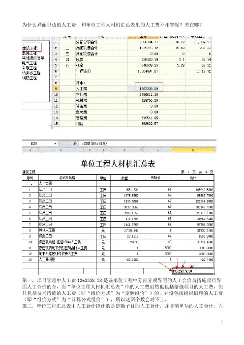 为什么界面里边的单位工程人材机汇总表里的人工费不相等呢