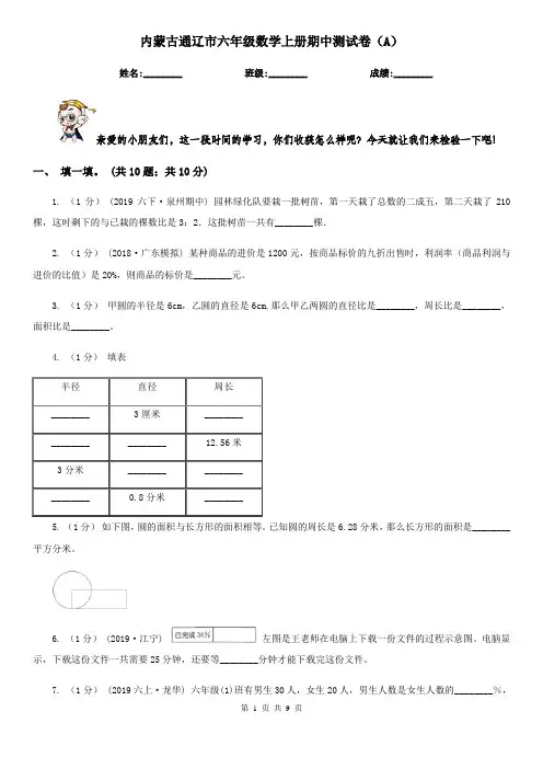 内蒙古通辽市六年级数学上册期中测试卷(A)