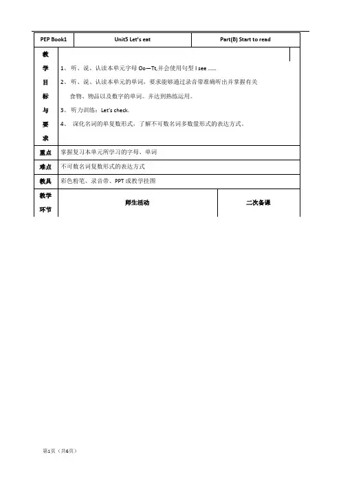 三年级英语上册：Unit5 Let’s eat   Part(B) Start to read