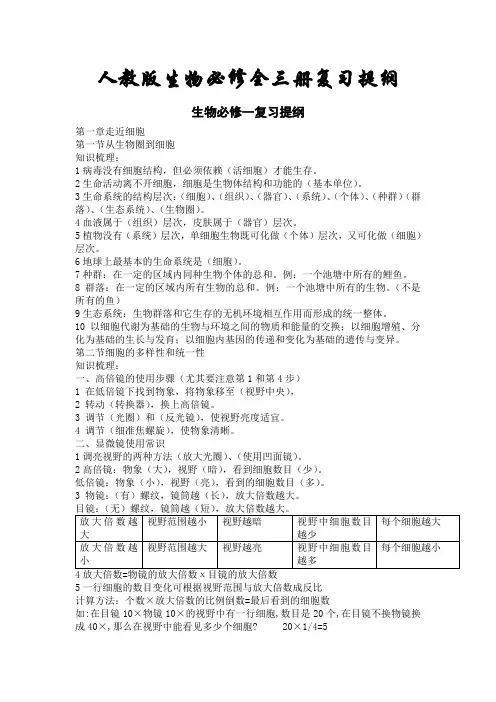 人教版生物必修全三册复习提纲