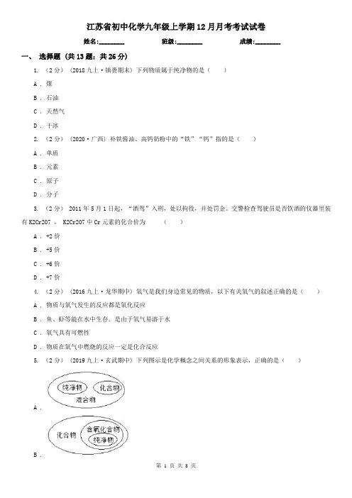 江苏省初中化学九年级上学期12月月考考试试卷