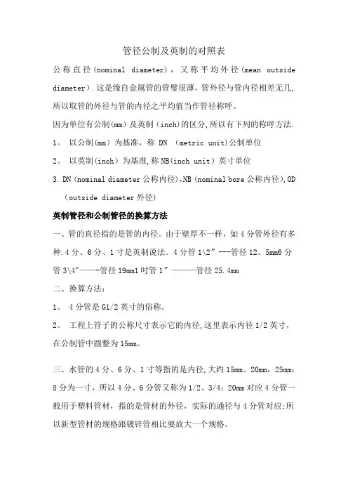 管径公制及英制的对照表