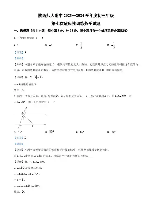 2024年陕西省西安市陕西师范大学附属中学中考七模数学试题(解析版)