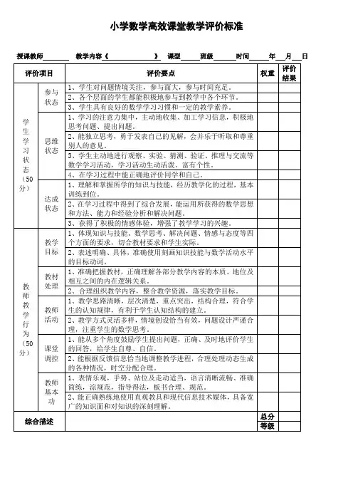 小学数学高效课堂教学评价标准
