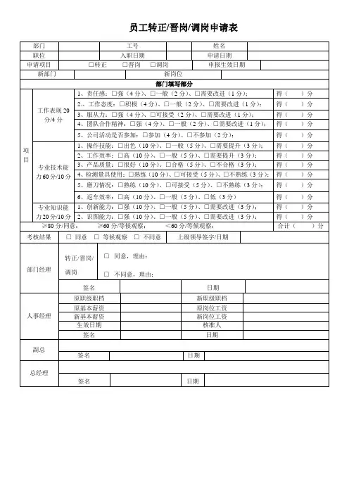 员工转正、晋级、晋档、调动、调岗申请表