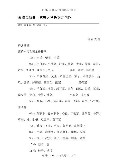 食物含糖量一览表