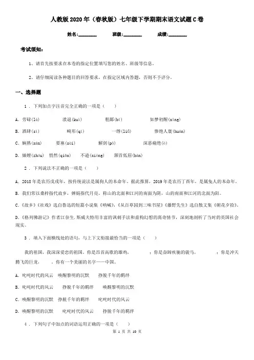 人教版2020年(春秋版)七年级下学期期末语文试题C卷(测试)