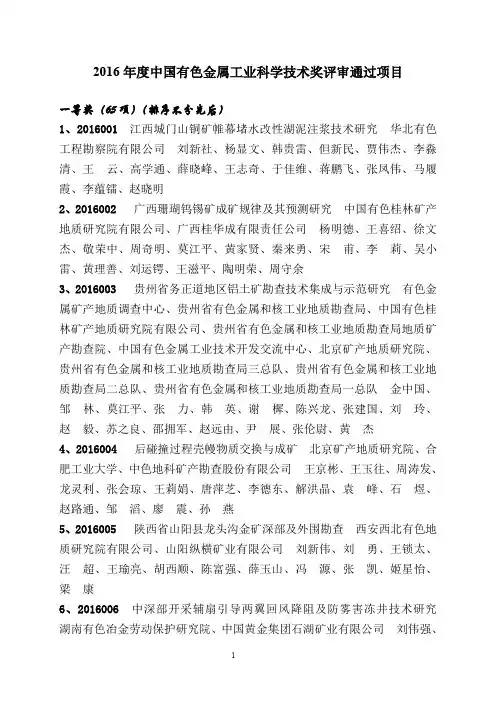 2016年度中国有色金属工业科学技术奖评审通过项目