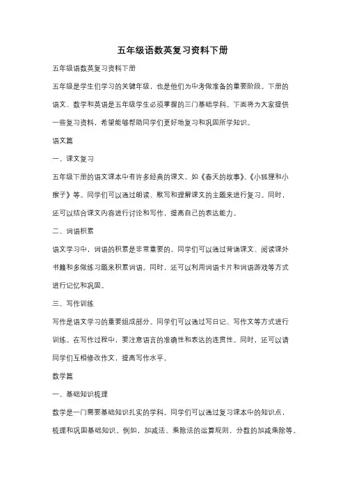 五年级语数英复习资料下册