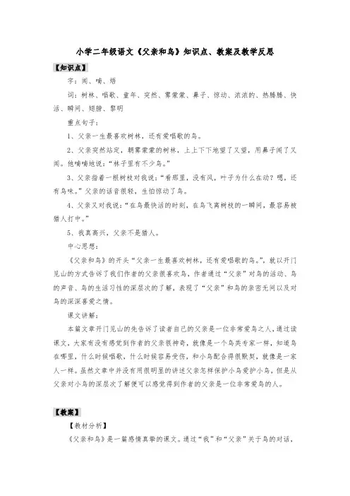 小学二年级语文《父亲和鸟》知识点、教案及教学反思