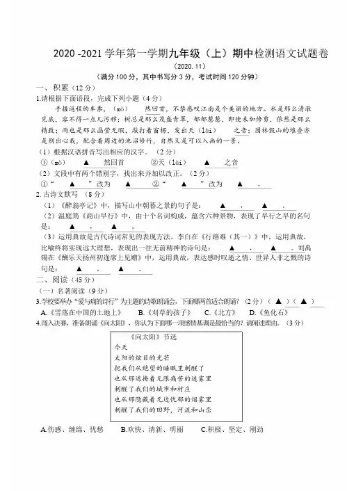 2020-2021学年第一学期九年级期中检测语文试题卷(含答案)