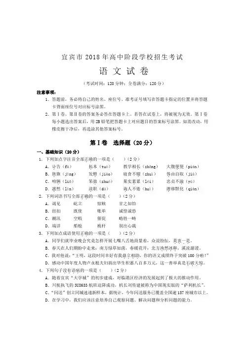四川省宜宾市2018年中考语文试题(Word版,含答案)
