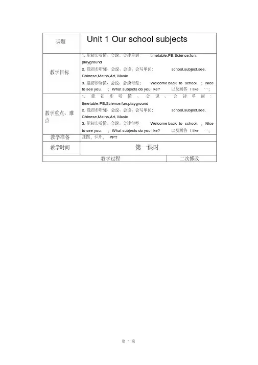 牛津译林版英语四年级下册《Unit1Ourschoolsubjects》第一单元教案设计.pdf