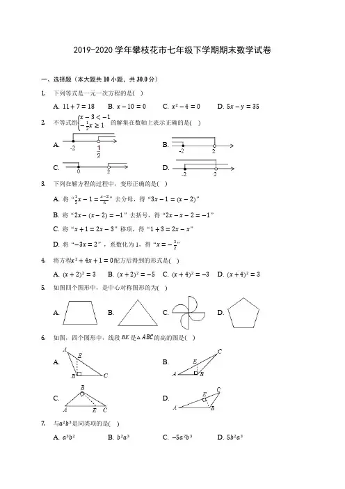 2019-2020学年攀枝花市七年级下学期期末数学试卷(含解析)