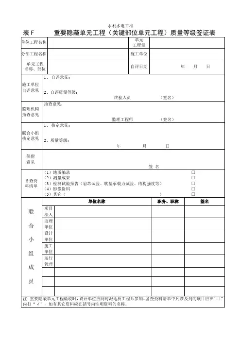 11 表F 重要隐蔽单元工程(关键部位单元工程)质量等级签证表