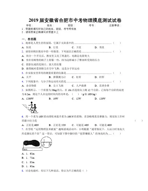 最新2019届安徽省合肥市中考物理摸底测试试卷及解析