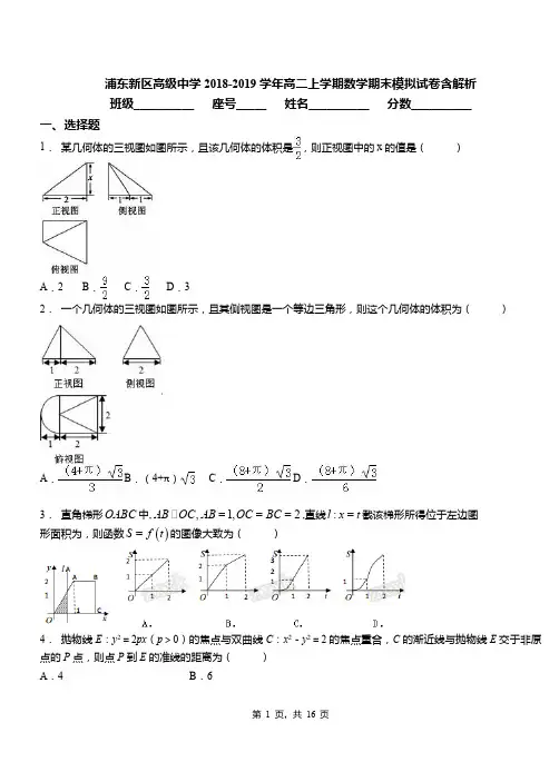 浦东新区高级中学2018-2019学年高二上学期数学期末模拟试卷含解析