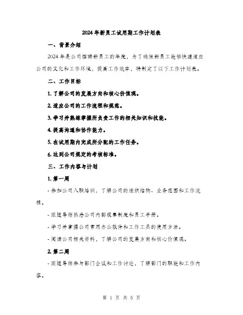 2024年新员工试用期工作计划表(二篇)