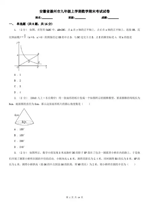 安徽省滁州市九年级上学期数学期末考试试卷