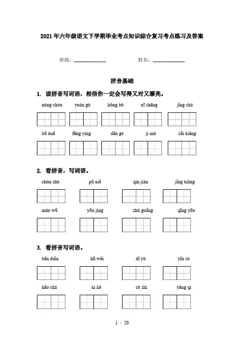 2021年六年级语文下学期毕业考点知识综合复习考点练习及答案