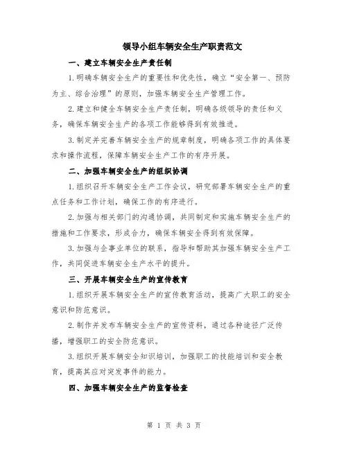 领导小组车辆安全生产职责范文