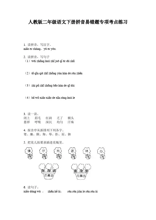 人教版二年级语文下册拼音易错题专项考点练习