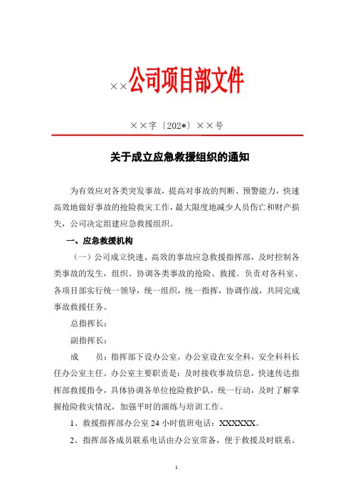 关于成立项目部应急救援组织的通知