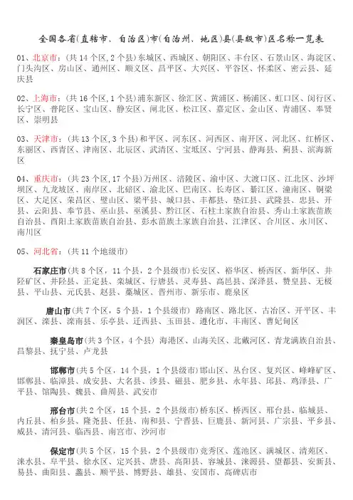 全国各省(直辖市、自治区)市(自治州、地区)县(县级市)区名称一览表