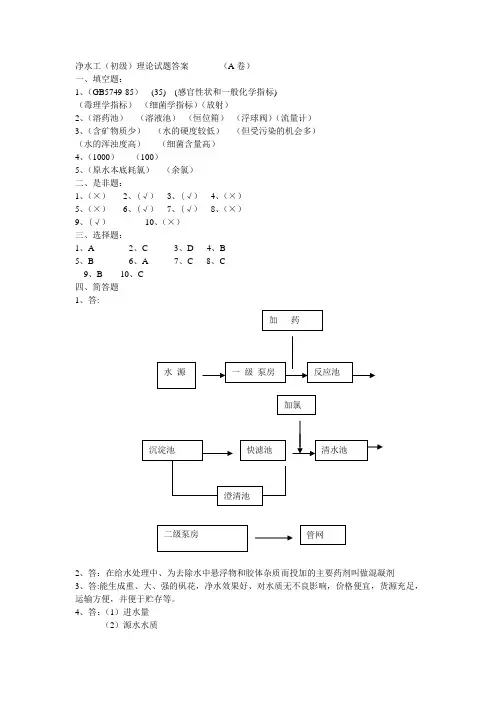 净水工初级理论 试题答案