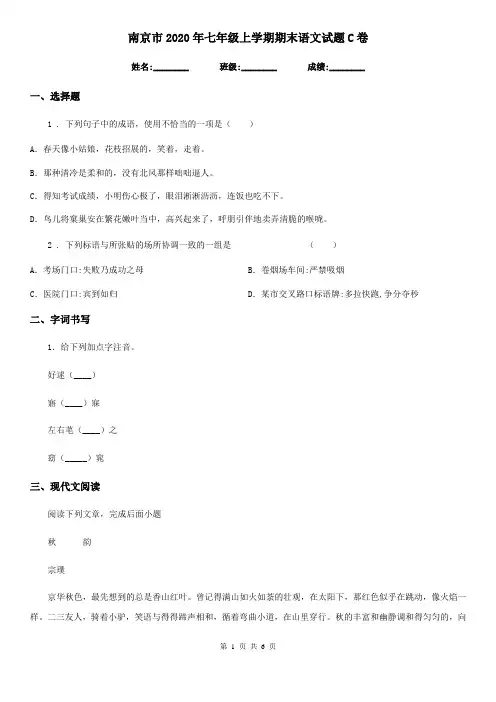 南京市2020年七年级上学期期末语文试题C卷