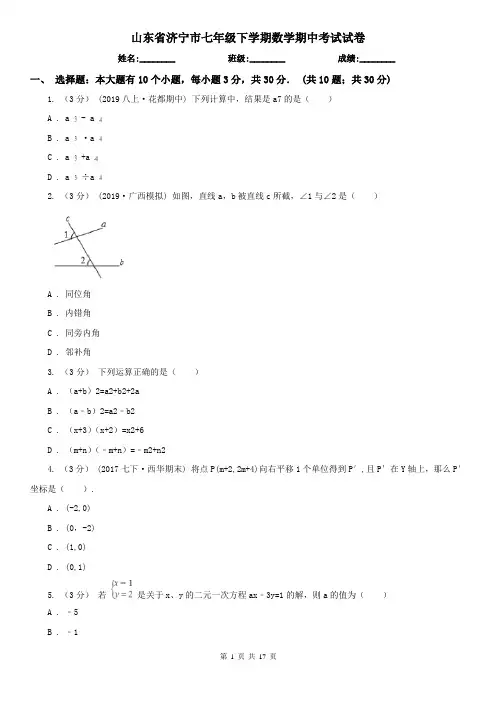 山东省济宁市七年级下学期数学期中考试试卷 