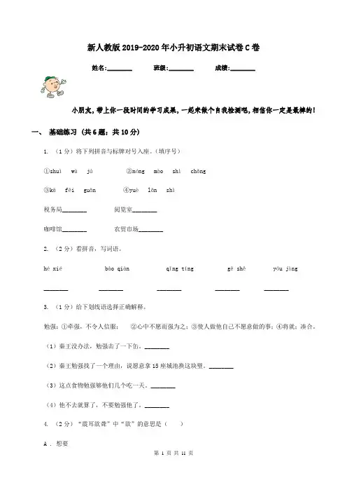 新人教版2019-2020年小升初语文期末试卷C卷