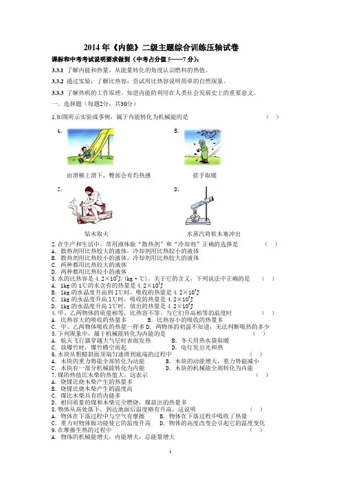 2014年中考考试说明规定内能二级主题十一综合训练