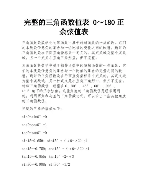 完整的三角函数值表 0～180正余弦值表 
